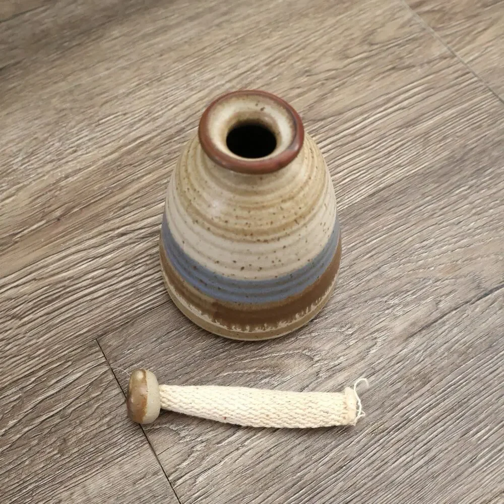 Vintage Speckled Stoneware Tan Blue Striped Vase Signed Aztec Southwestern Decor